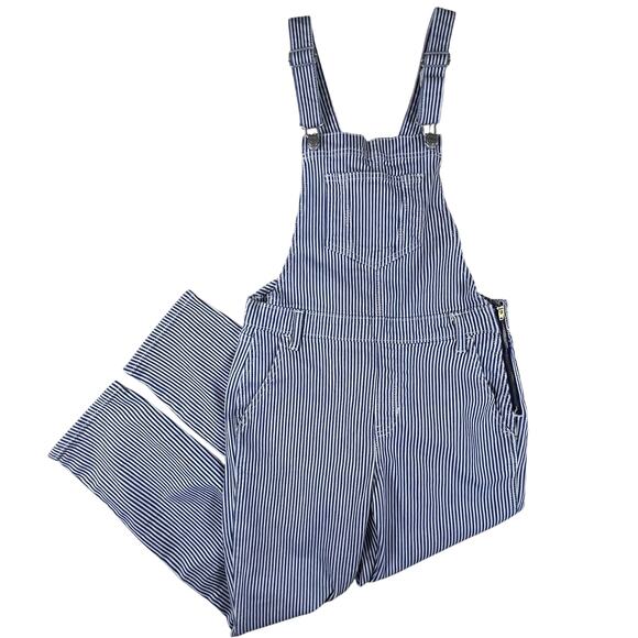 Vintage Railroad Stripe Overalls 2P Blue White Cotton Straight Leg Workwear Chic - Picture 5 of 14